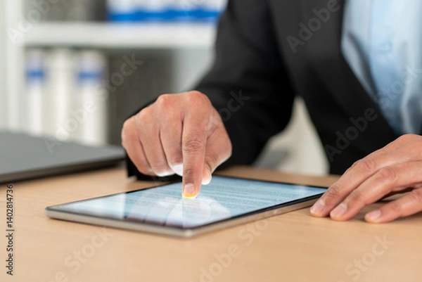 Obraz Tablet,typing and hand of person in office for online chat, research or website for email report.Networking and business consultant on digital app, web schedule or data connectivity at workplace