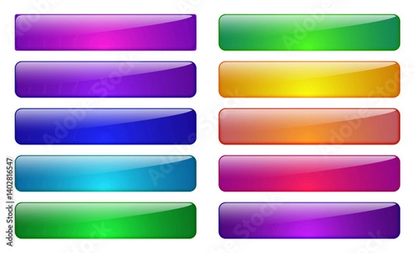 Fototapeta 3d rectangle web glass button vector in blue, pink, purple, green, orange color. Glossy banner frame search bar, rectangular label sign for website.