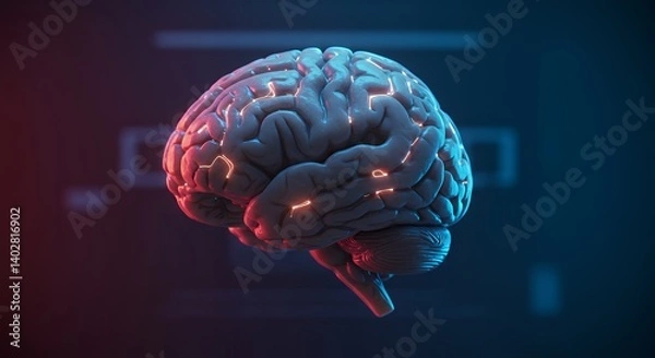 Fototapeta Human Brain Model with Glowing Neural Pathways on Dark Background