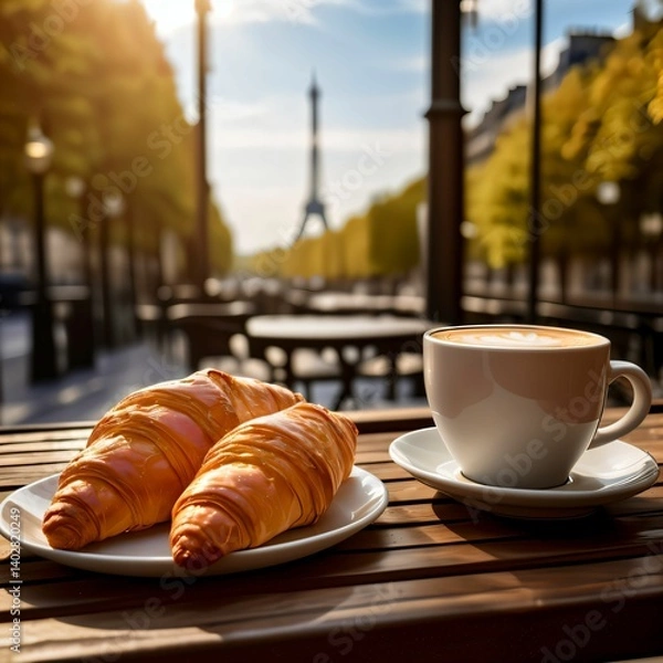 Obraz cup of coffee and croissant