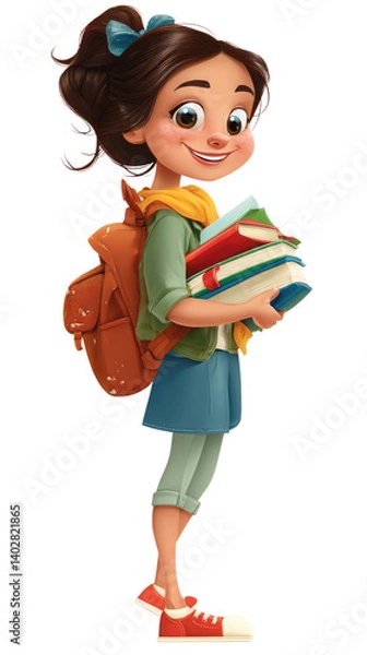 Fototapeta A cheerful young girl stands confidently with a backpack and an armful of books, showcasing her enthusiasm for learning and school activities. She wears casual attire suitable for school.cut out 