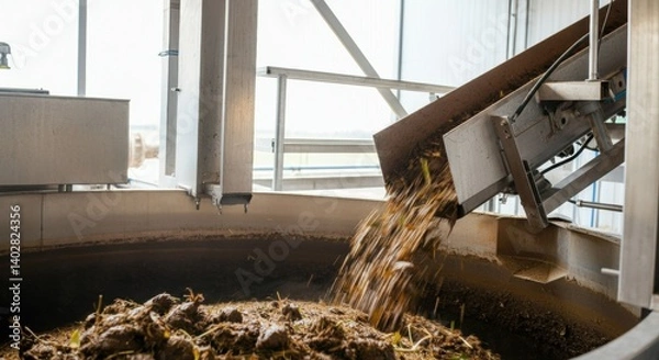 Fototapeta Industrial composting machine processing organic waste in facility