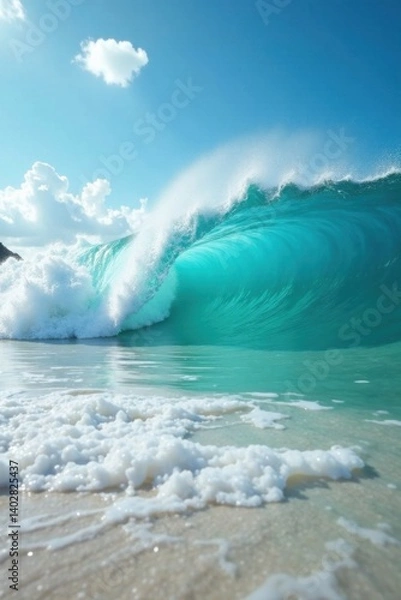 Fototapeta Turquoise ocean waves crashing against the shore with foamy crest , sea, ocean, waves