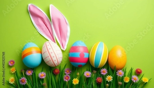 Fototapeta Colorful vertical painted Easter eggs and playful bunny ears on a vibrant green background creating a festive spring composition