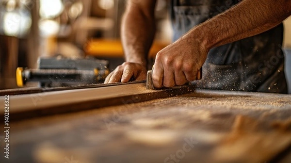 Fototapeta Carpenter cutting wood for a door frame. Featuring woodworking and precision