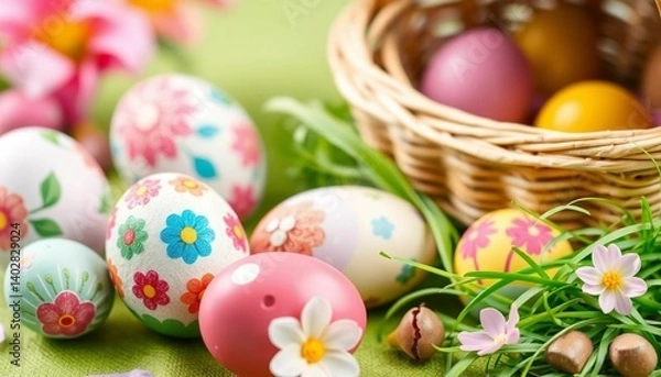 Fototapeta Colorful vertical painted Easter eggs and playful bunny ears on a vibrant green background creating a festive spring composition