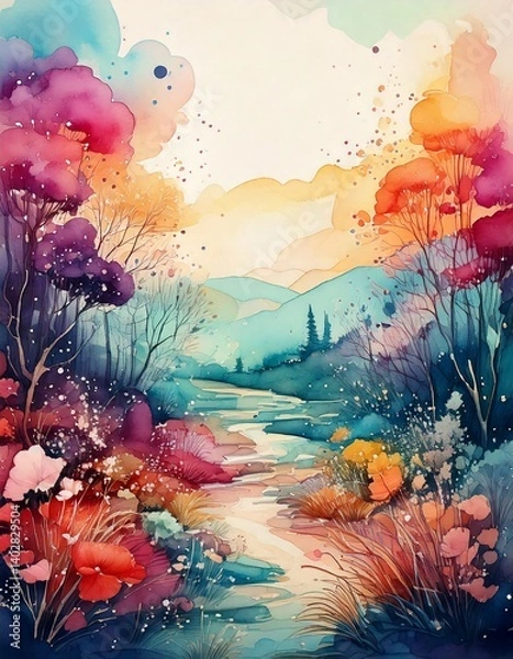 Fototapeta 名刺やチラシのテンプレートに使えるカラフルな水彩画の背景