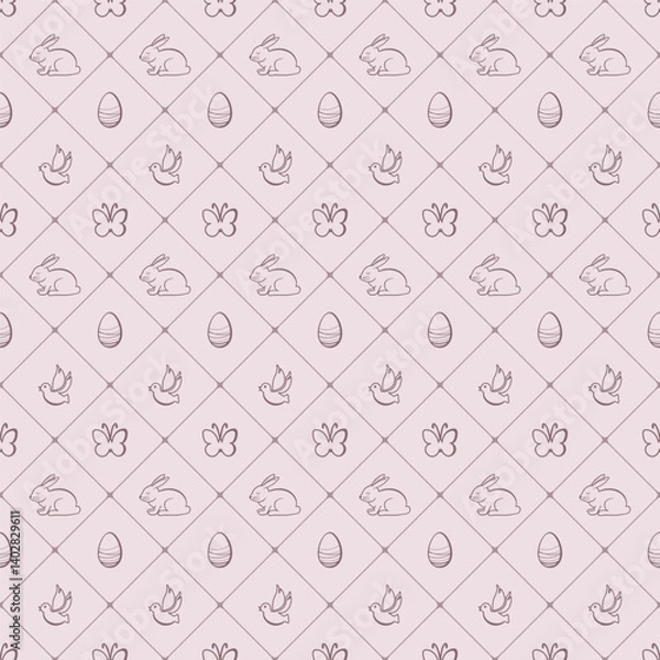Fototapeta Seamless pattern with Easter objects on a pink background. Happy Easter. Easter background with eggs, birds, rabbits and butterflies. Design elements for Easter greeting card. Vector illustration.