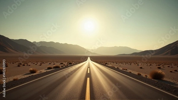 Fototapeta Uzbek Sunlit Desert Roads stretch through desert landscape, framed by plants and distant mountains. Concept of Uzbek Sunlit Desert Roads highlighting natural beauty and tranquility.