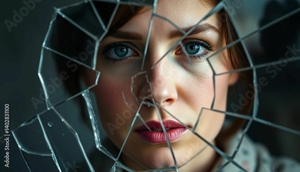 Fototapeta A woman's face reflected in broken glass symbolizes healing and resilience after domestic violence.