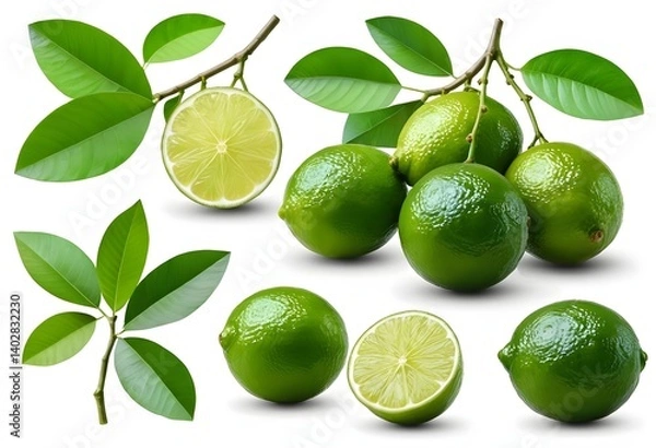 Fototapeta Fresh Limes with Leaves Isolated on White Background