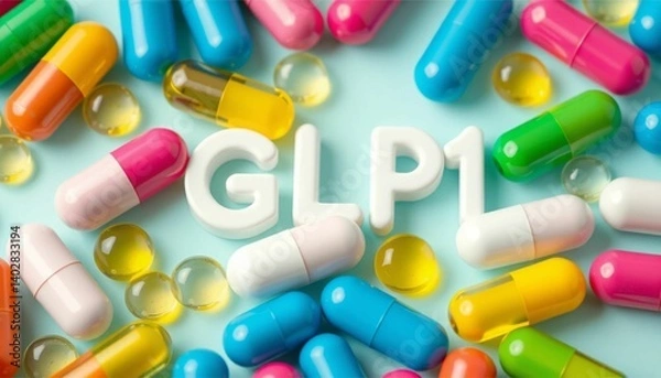 Fototapeta Colorful capsules symbolize glp-1 weight management solutions.
