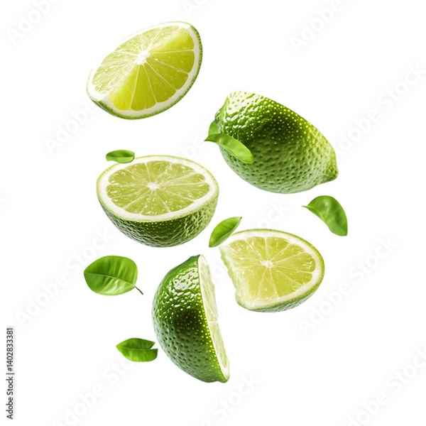 Fototapeta Lime fruit with half slices falling or floating png