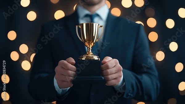 Obraz A person in formal attire holds a shiny trophy, surrounded by soft, glowing lights, symbolizing achievement and celebration.