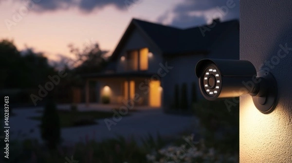 Fototapeta Security camera monitoring illuminated suburban house at dusk