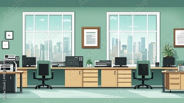 Fototapeta Modern Office Interior with Cityscape View, Modern office interior with desks, chairs, and a cityscape view through a large window