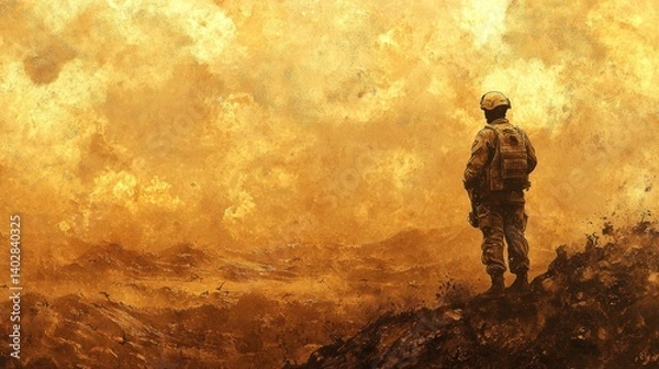 Fototapeta Sepia toned soldier watches over barren landscape warm golden highlights depict strength courage and hope in the face of adversity post war recovery depicted 