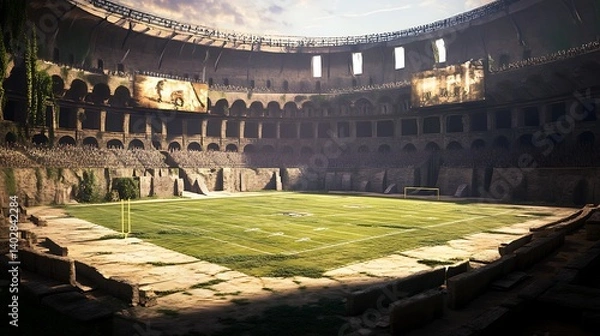 Fototapeta Ancient arena surrounded by weathered stone walls with green grass covering the arena floor, bathed in warm sunlight during twilight, evoking a sense of history and nostalgia