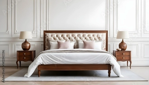 Fototapeta Elegant Master Bedroom with Wooden Bed and Floral Headboard