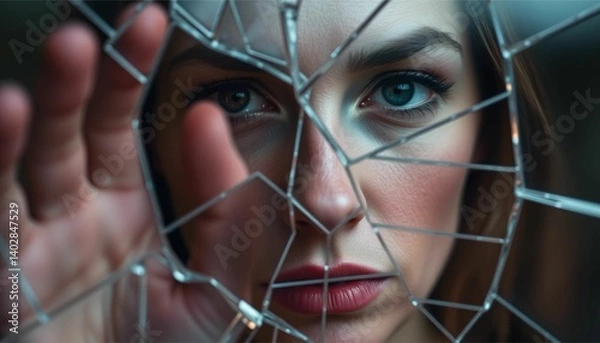 Fototapeta A woman's face reflected in broken glass symbolizes healing and resilience after domestic violence.