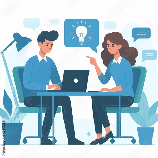 Fototapeta Two people brainstorming at a shared desk in a minimal productivity workspace. Flat vector with bold color contrast and simple composition.