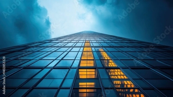 Obraz A modern skyscraper reaching into the sky, captured from a low angle with dramatic lighting.