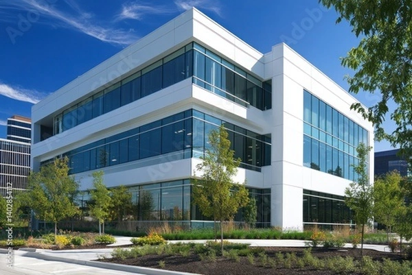 Fototapeta A modern white commercial building stands in an urban setting, with a contemporary exterior design and landscaping around the building.