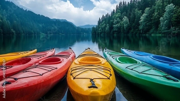 Obraz A row of colorful kayaks lined up along a serene lake shore 