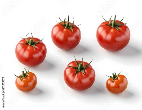 Fototapeta Five Ripe Tomatoes of Varying Sizes on White Background