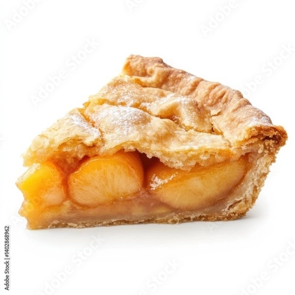 Fototapeta A thick slice of peach cobbler with a golden, flaky crust, sweet peach filling