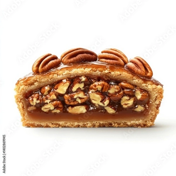 Fototapeta A thick slice of pecan tart with a rich, sticky filling, whole pecans on top