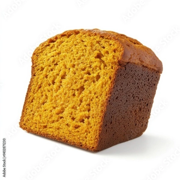 Fototapeta A thick slice of pumpkin bread with a soft, moist crumb and a slight spice aroma, isolated white background
