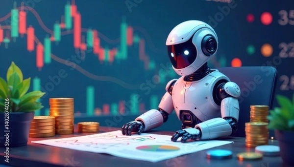 Obraz Vector illustration of a stock trading robot sitting on a desk with charts and graphs, surrounded by coins and other financial symbols, finance, market trends