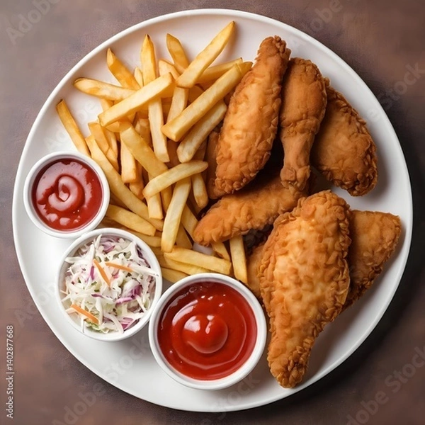 Fototapeta Crispy Fried Fish Fingers with French Fries and Dips