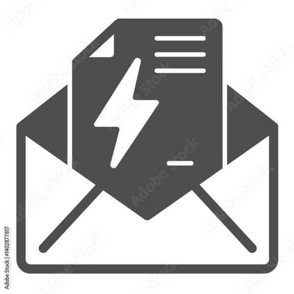 Obraz Envelope with electricity bill paper solid icon, mail concept. Vector graphics. Letter and lightning, bill sign on white background, glyph style icon for mobile or web design.