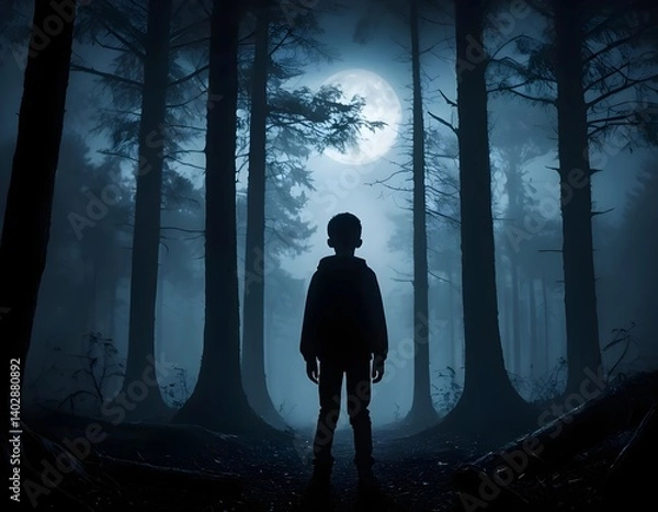 Fototapeta Boy Silhouette in Mysterious Moonlit Forest