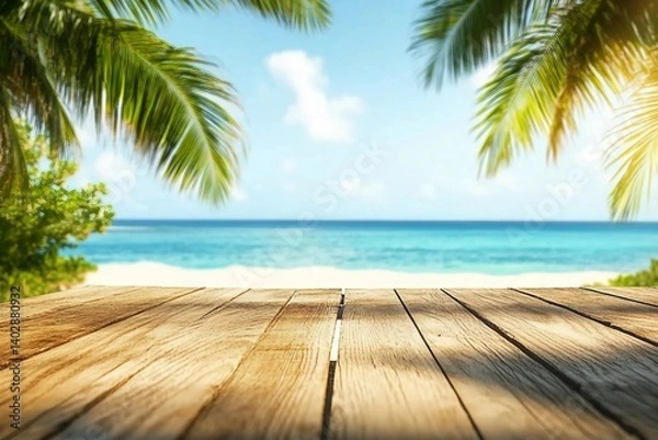 Fototapeta Table background of free space for your decoration and summer landscape of ocean with two palms and blue sky.