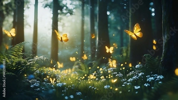 Obraz A serene forest with softly glowing plants and radiant butterflies 