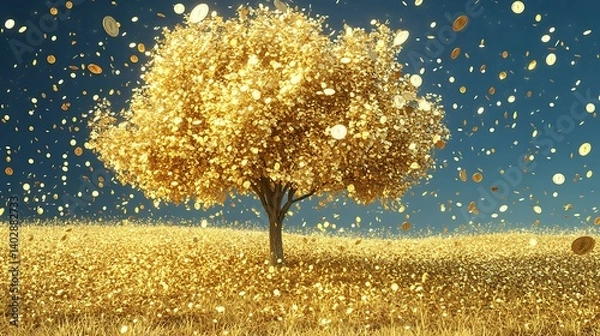 Obraz Majestic golden money tree standing tall in a tranquil meadow sparkling with golden leaves gentle breeze