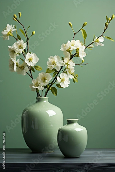 Fototapeta Minimalist white blossoms in pale green vases representing serenity and calm against a soft green background [with copy space]