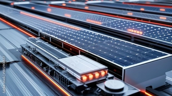 Obraz Modern solar panels and electronic components in a technological environment