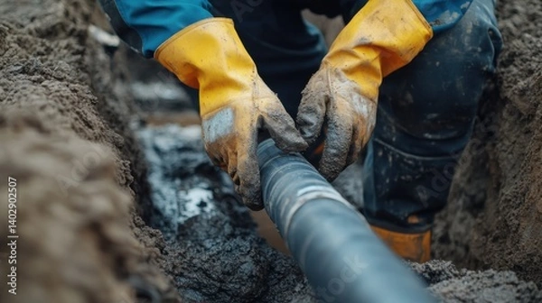 Fototapeta Drainage worker connecting PVC pipes underground. Featuring water management and durability