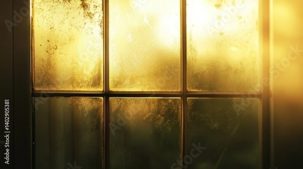 Fototapeta A golden light shines through a grimy old window with panes