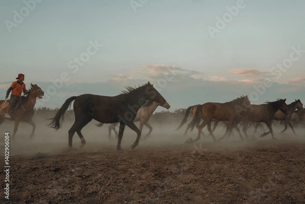 Fototapeta A group of horses running in the desert. The sky is cloudy and the sun is setting