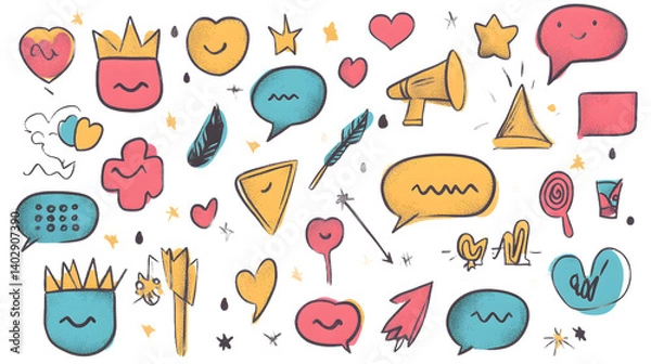 Fototapeta Colorful hand-drawn doodles featuring various speech bubbles, symbols, and playful shapes on a black background.