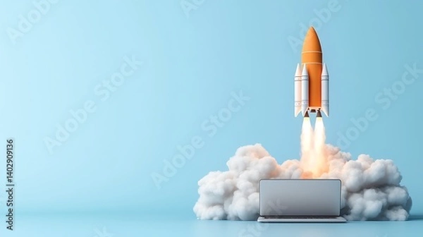 Fototapeta Orange Rocket Launching from Laptop Computer on Blue Background