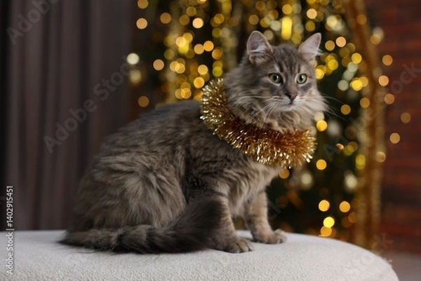 Fototapeta Cute cat with shiny Christmas tinsel on pouf indoors. Bokeh effect