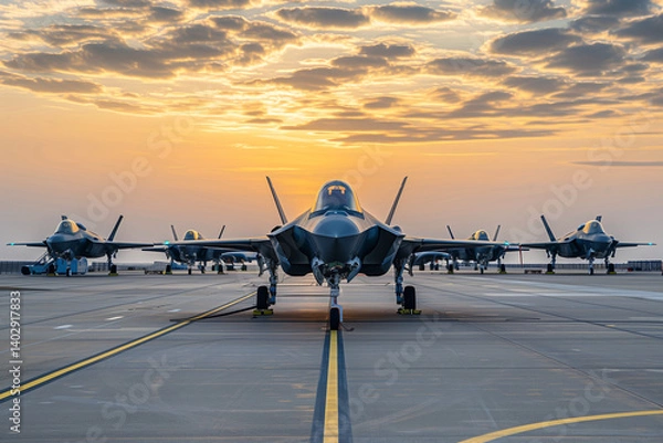 Fototapeta A row of sleek fighter jets parked on an airfield, ready for deployment.
