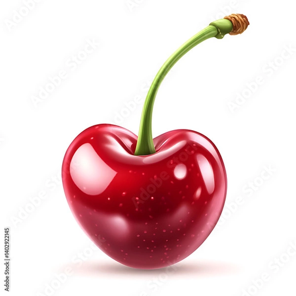 Fototapeta A fresh and vibrant cherry with a glossy red color and green stem, isolated white background, hyperrealism art style