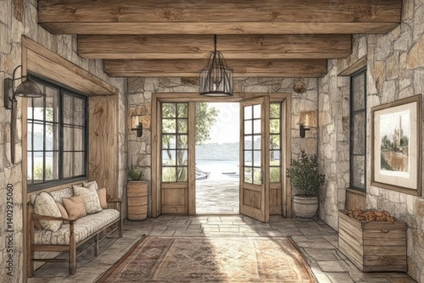 Fototapeta Rustic entryway with stone walls leads to a lake view